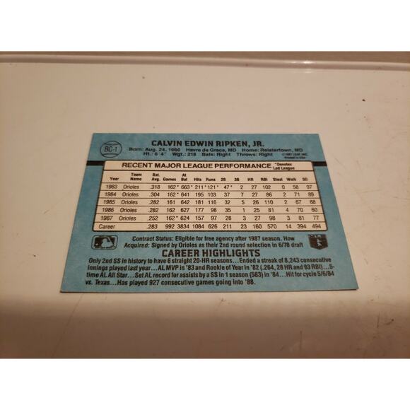 Cal Ripken, Jr. 1988 Donruss #BC-1 - MVP - Baltimore Orioles - MLB - Picture 3 of 4